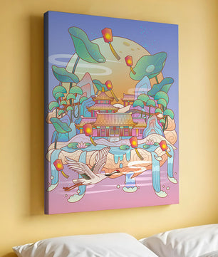 Illustration pittoresque d’un temple chinois avec des lanternes flottantes et un paysage serein