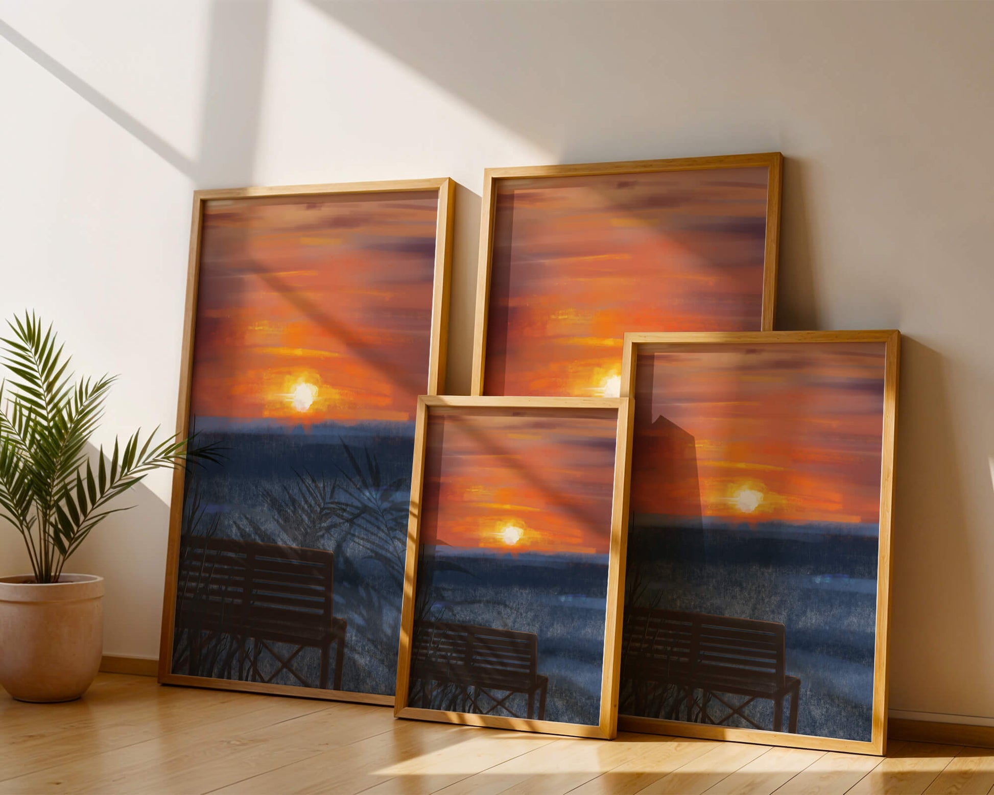 Vue sereine du coucher de soleil avec un banc vide sur des eaux calmes