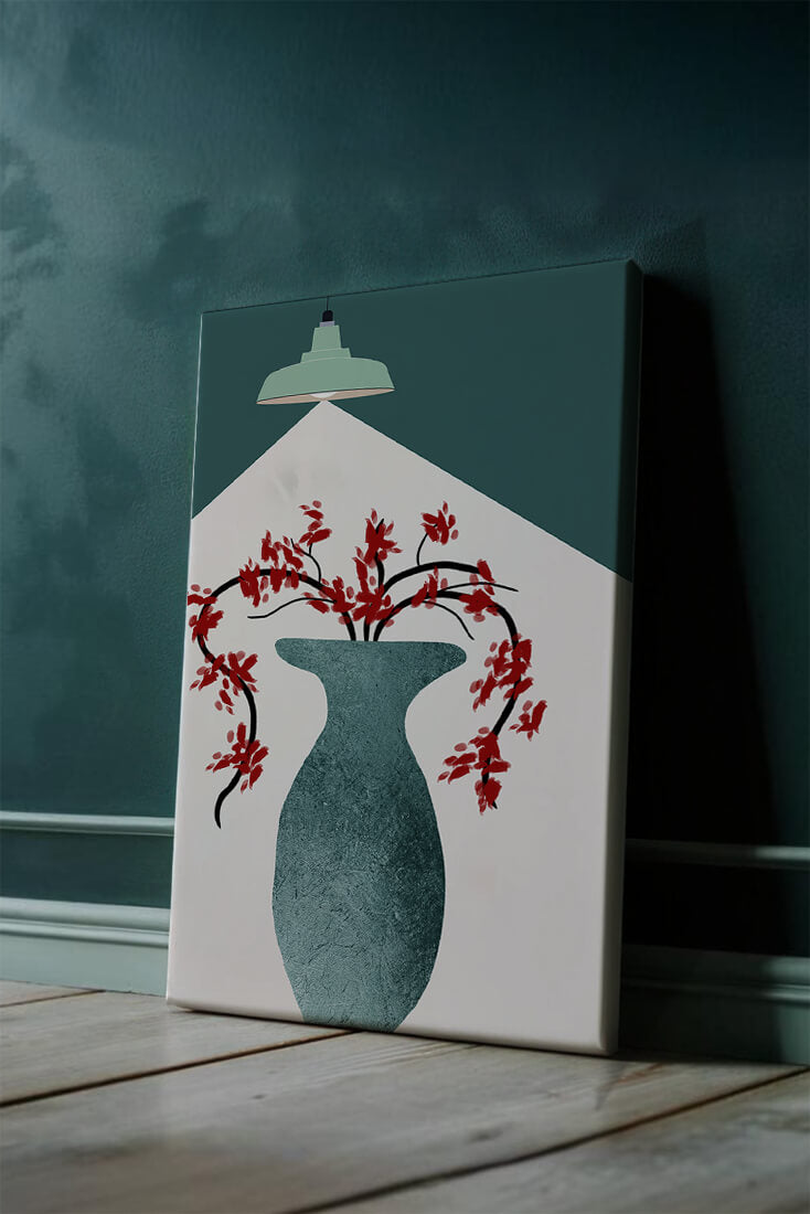 Modern Minimalist Vase with Red Flowers Under Green Lamp