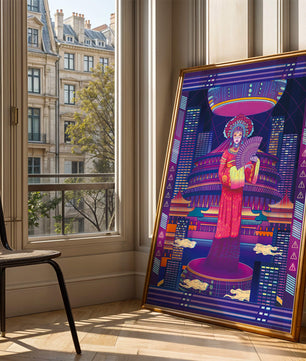 Futuristic Asian Inspired Artwork with Neon Colors and Geisha in Traditional Attire