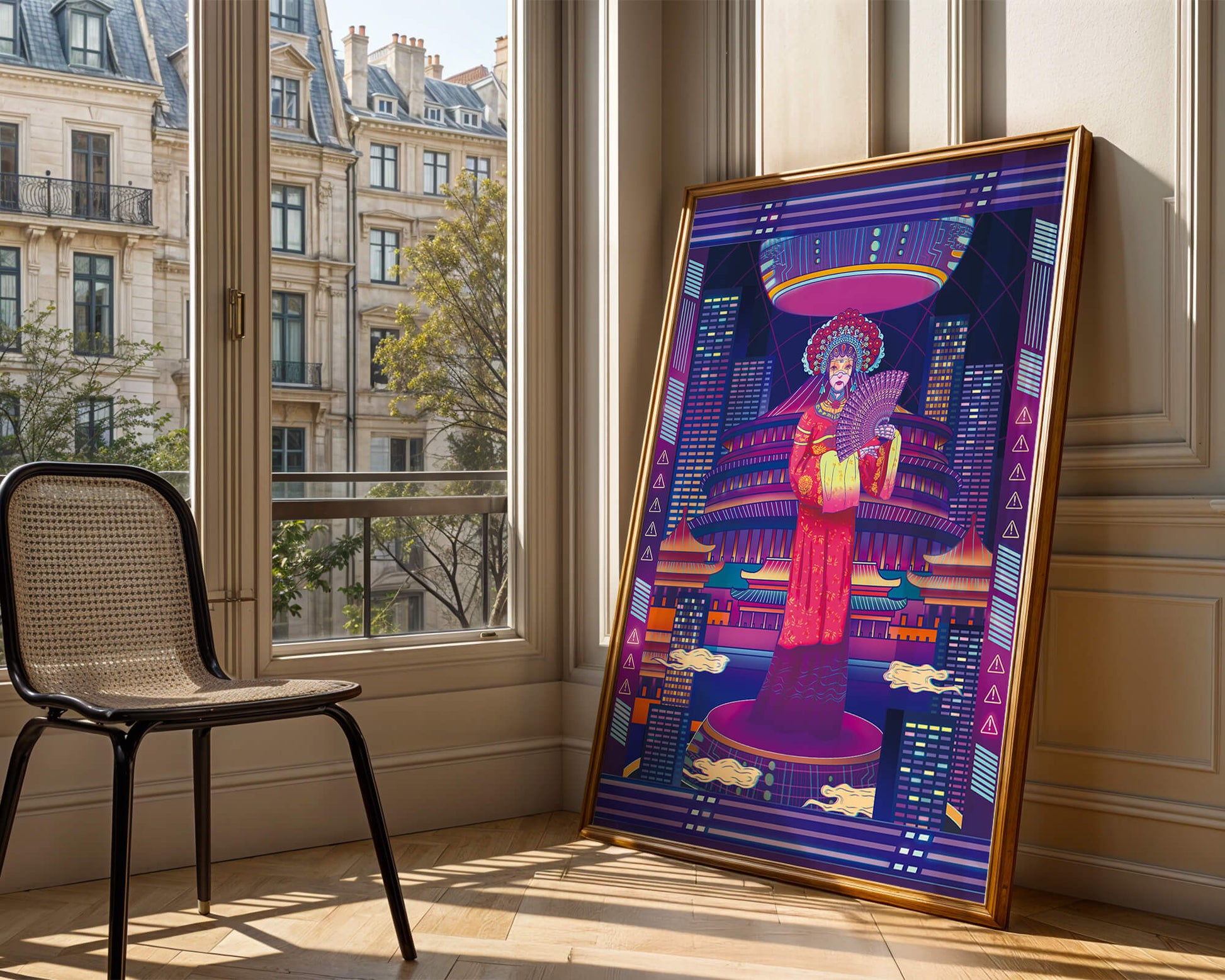 Futuristic Asian Inspired Artwork with Neon Colors and Geisha in Traditional Attire
