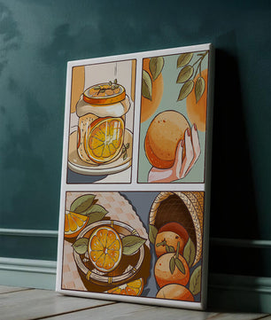 Ilustración colorida de naranjas y conservas con canasta