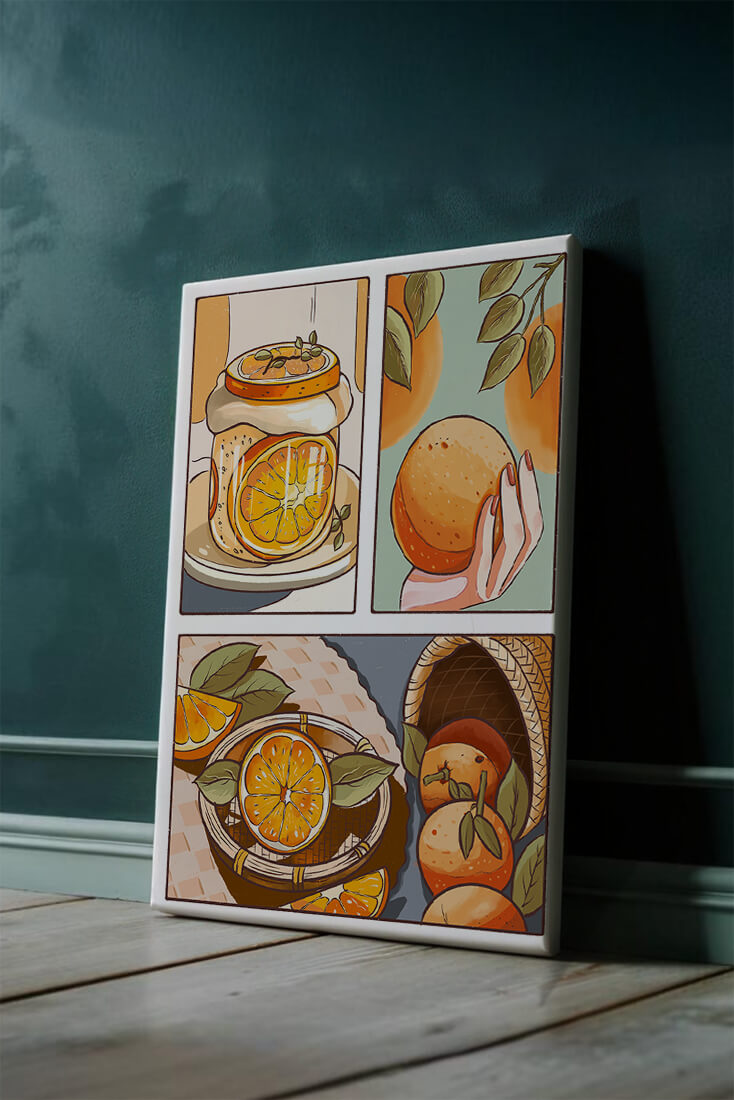 Ilustración colorida de naranjas y conservas con canasta