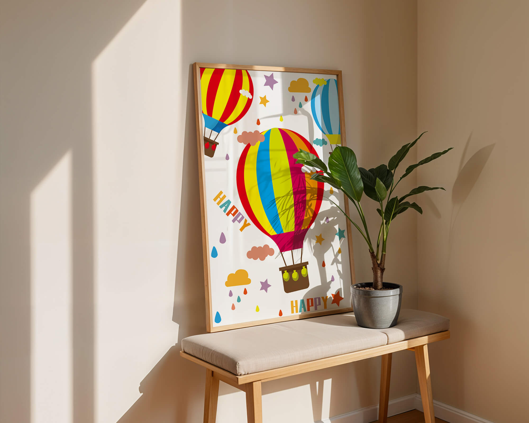Colorful hot air balloons and happy clouds illustration