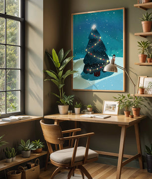 Winter scene with decorated Christmas tree and snowfall