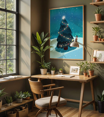 Winter scene with decorated Christmas tree and snowfall