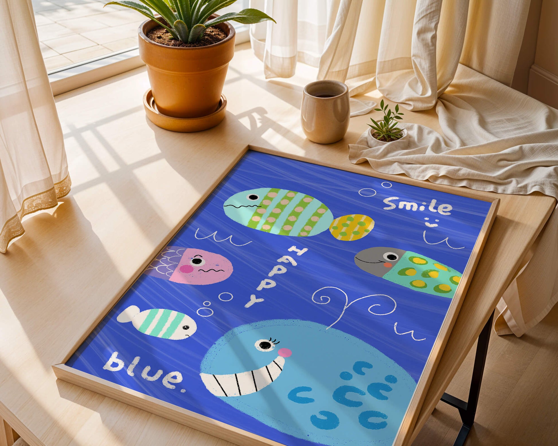 Colorful underwater scene with smiling cartoon fish