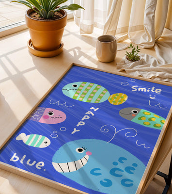 Colorful underwater scene with smiling cartoon fish