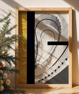 Abstract spiral staircase with a gold accent design