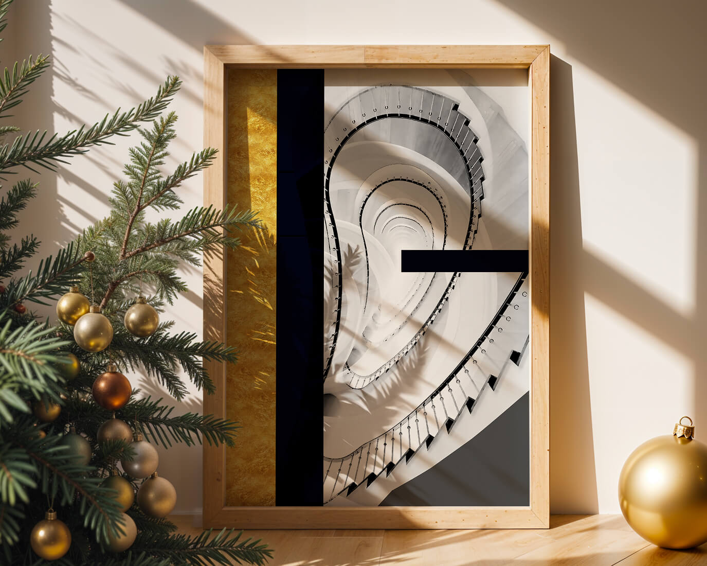 Abstract spiral staircase with a gold accent design