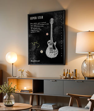 Ilustración de guitarra en blanco y negro artística con texto conmovedor