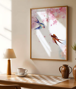 Pájaros coloridos y flores rosadas en una escena primaveral acuarelada