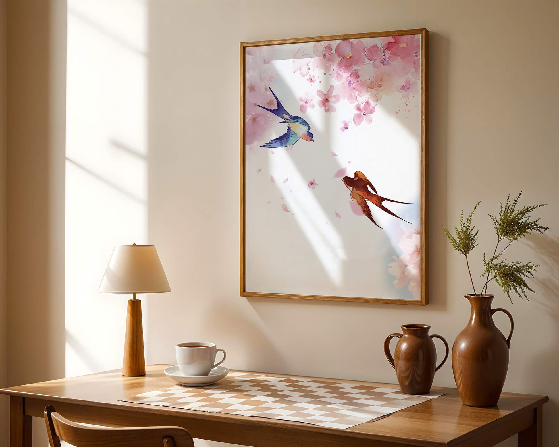 Pájaros coloridos y flores rosas en una escena primaveral de acuarela