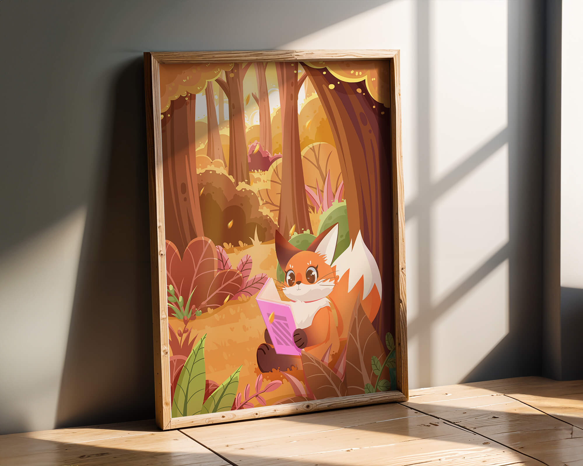 Fox reading a book in a whimsical autumn forest