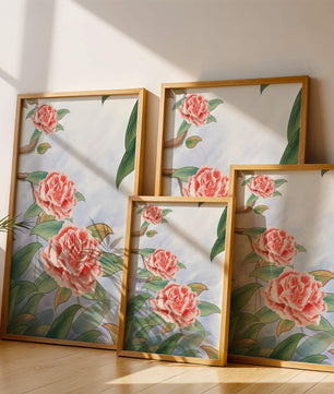 Illustrated pink carnations with green leaves in serene botanical art