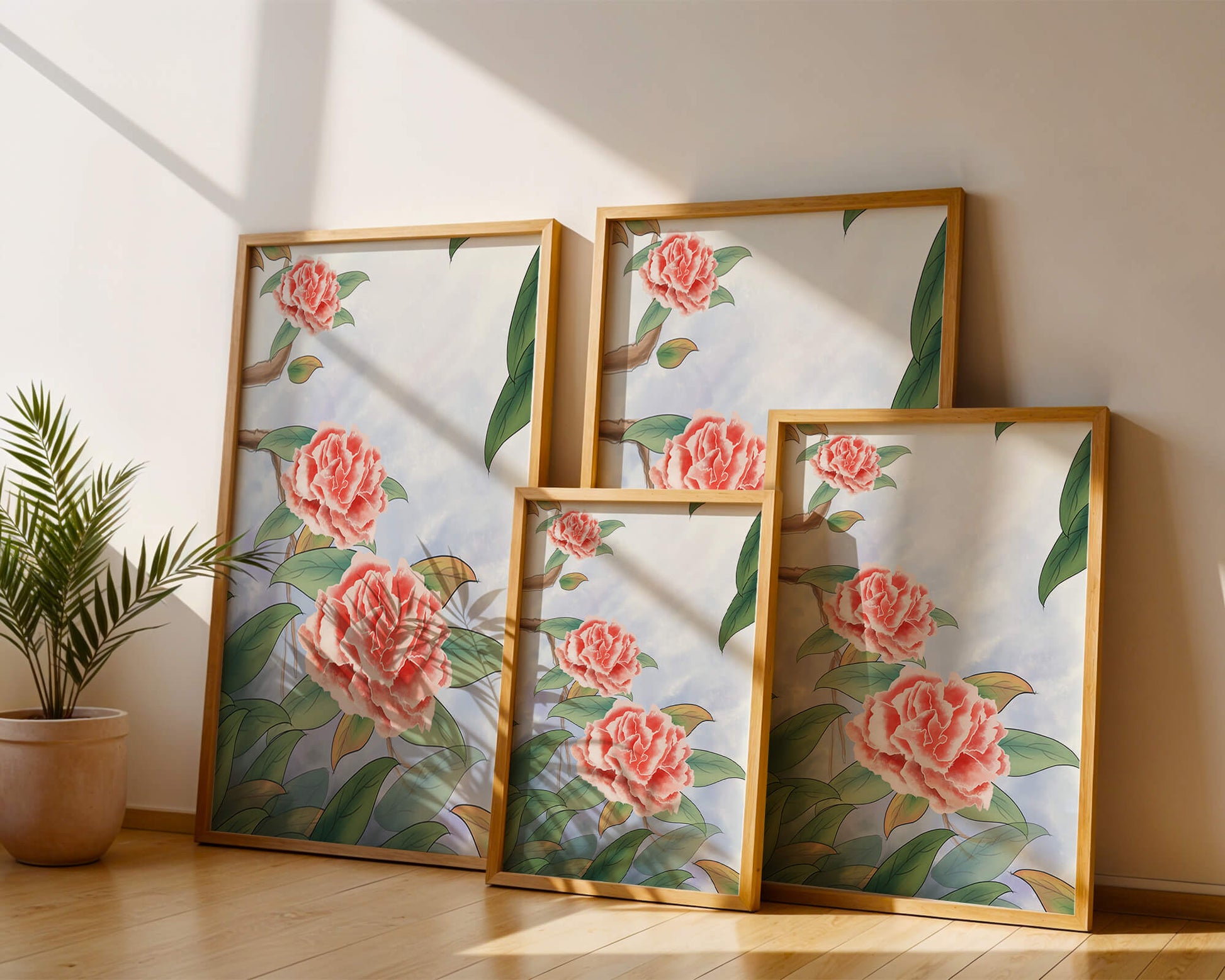 Illustrated pink carnations with green leaves in serene botanical art