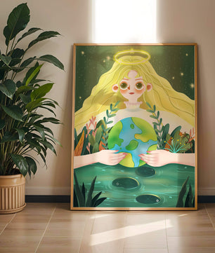 Illustration de la nature paisible avec une figure céleste tenant la Terre