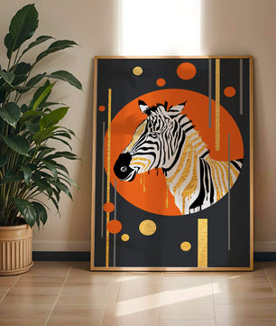 Arte moderno de cebra con acentos dorados sobre fondo abstracto