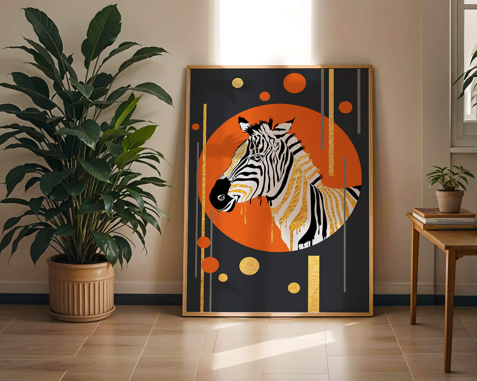 Modern zebra art with golden accents on abstract background