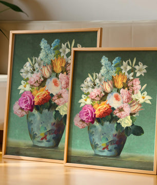 Floral arrangement in a decorative vase on a green background
