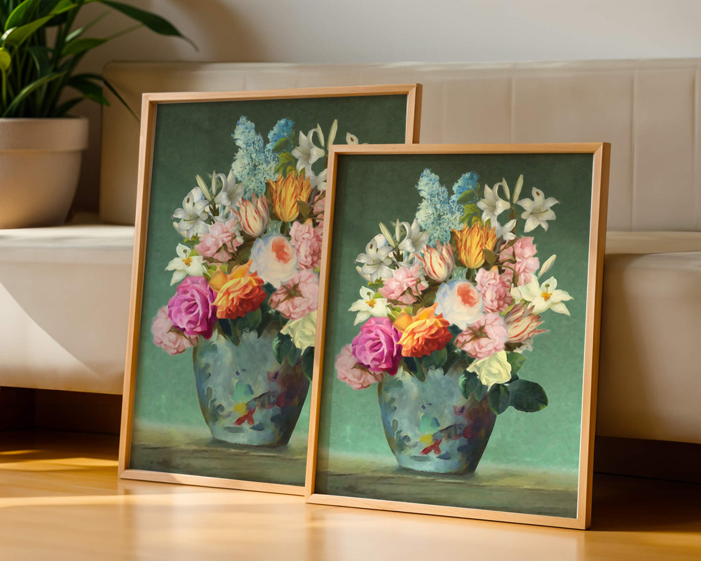 Floral arrangement in a decorative vase on a green background