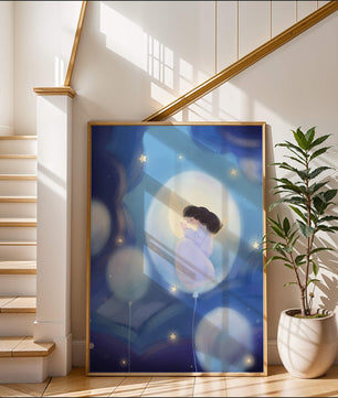 Dreamlike night sky with a girl on a moon enveloped by stars and balloons