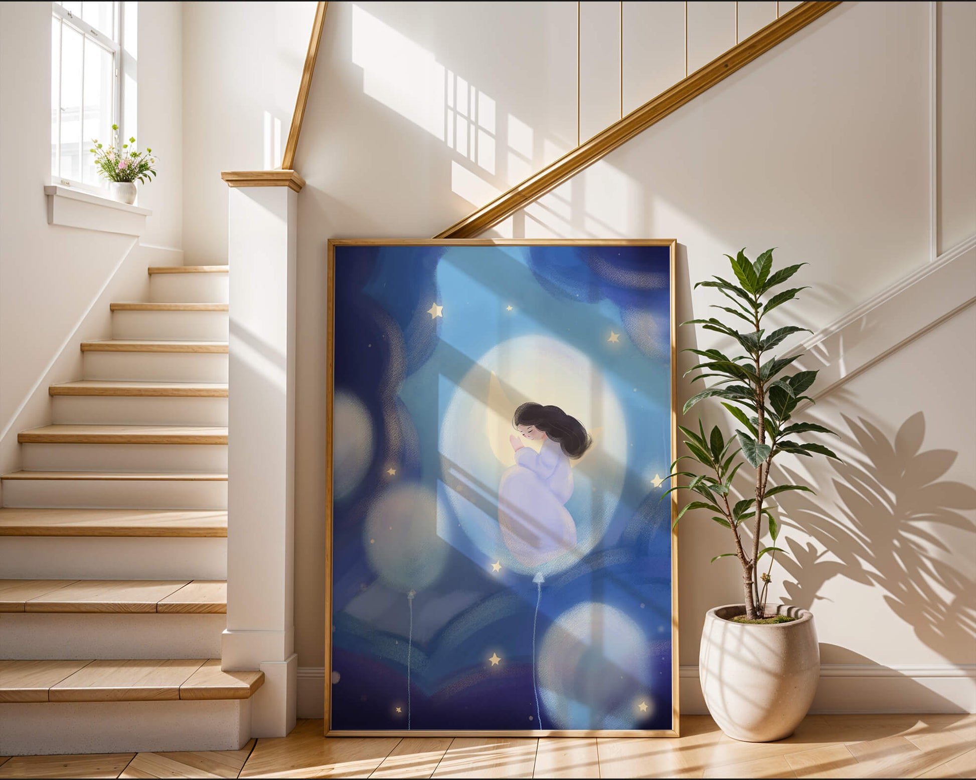 Dreamlike night sky with a girl on a moon enveloped by stars and balloons