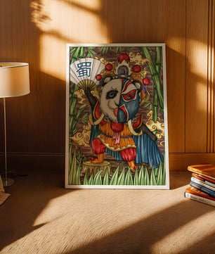 Colorful panda dressed in traditional Chinese opera costume surrounded by bamboo