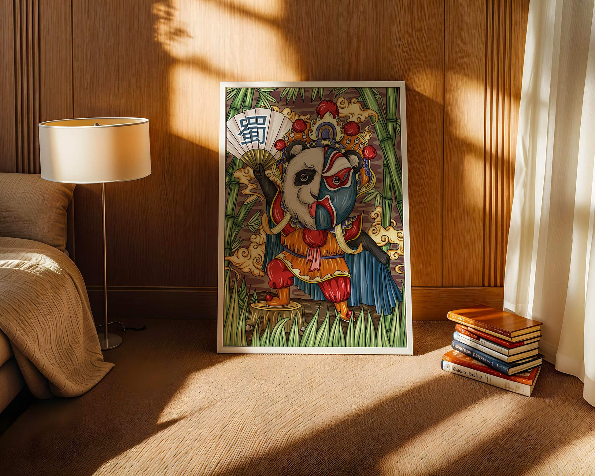 Colorful panda dressed in traditional Chinese opera costume surrounded by bamboo