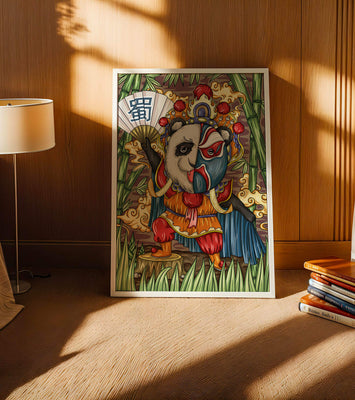 Colorful panda dressed in traditional Chinese opera costume surrounded by bamboo