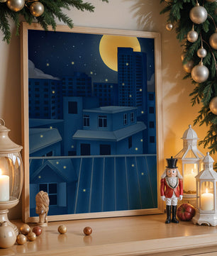 Night Urban Skyline Under a Starry Sky with Bright Full Moon