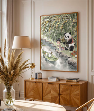 Escena caprichosa con un panda y un conejo junto al río