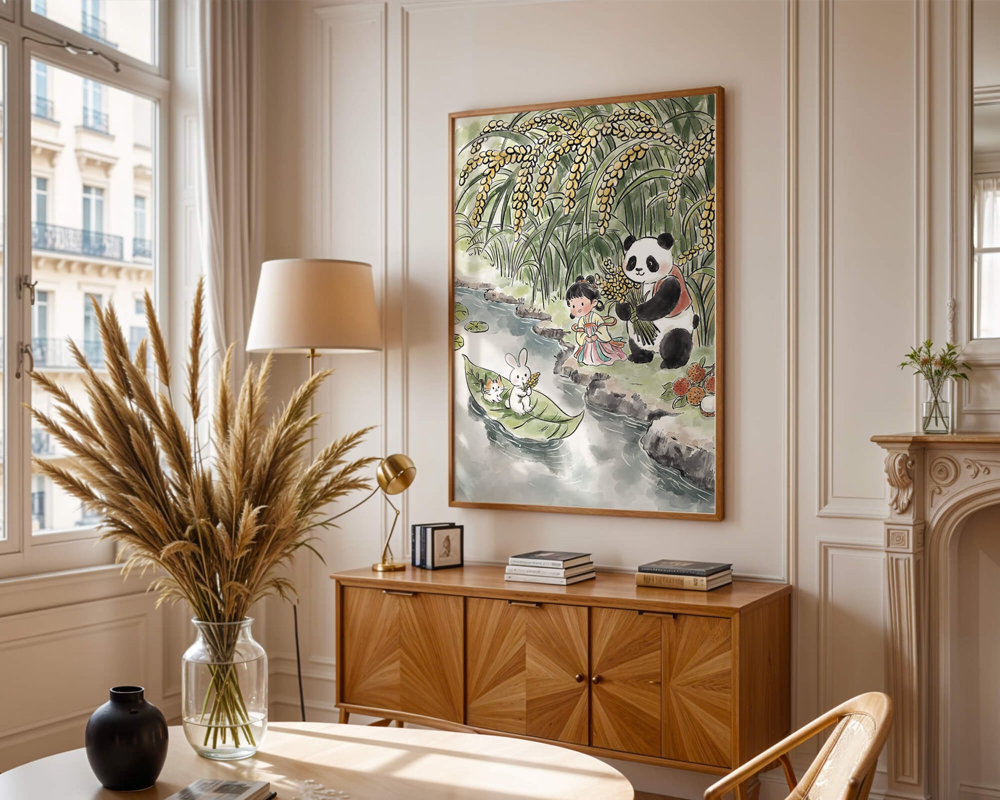 Escena caprichosa con un panda y un conejo junto al río