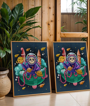 Whimsical space panda illustration with planets and stars