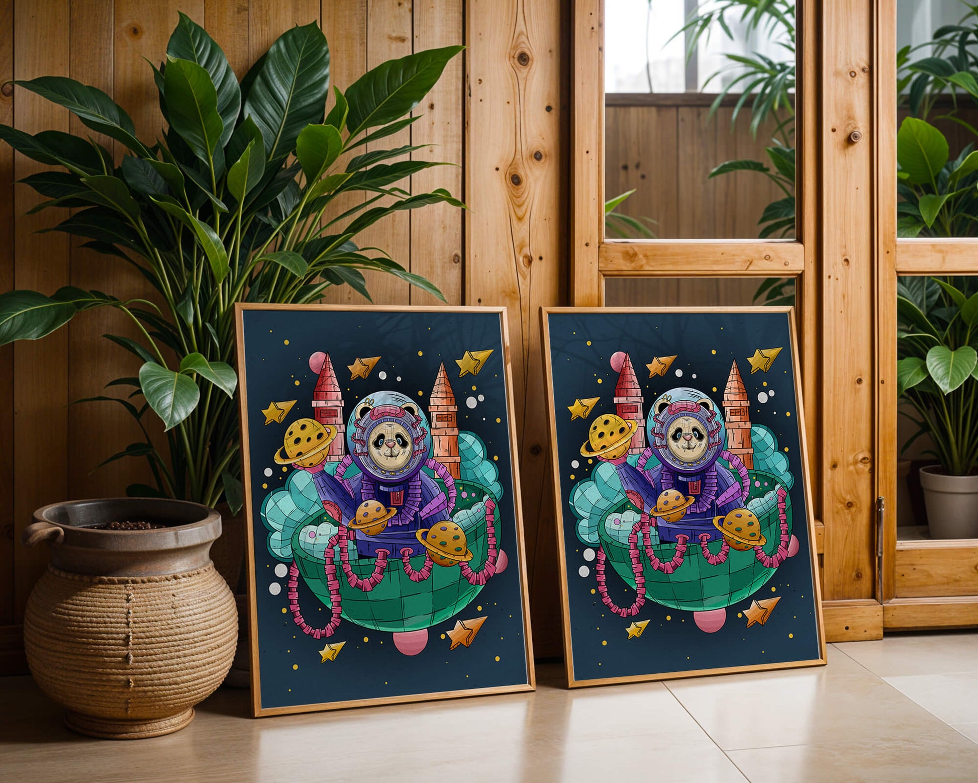 Whimsical space panda illustration with planets and stars
