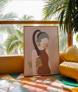 Retrato de mujer estilizado con colores apagados y elementos geométricos