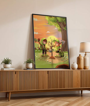 Kinder pflanzen einen Baum in einer lebendigen Sonnenuntergangslandschaft