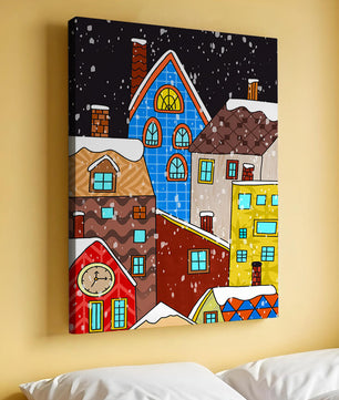 Farbenfrohe Winterstadtlandschaft mit schneebedeckten Häusern im Cartoon-Stil