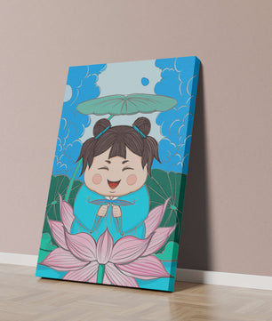 Whimsical illustration of a joyful child with lotus and umbrella