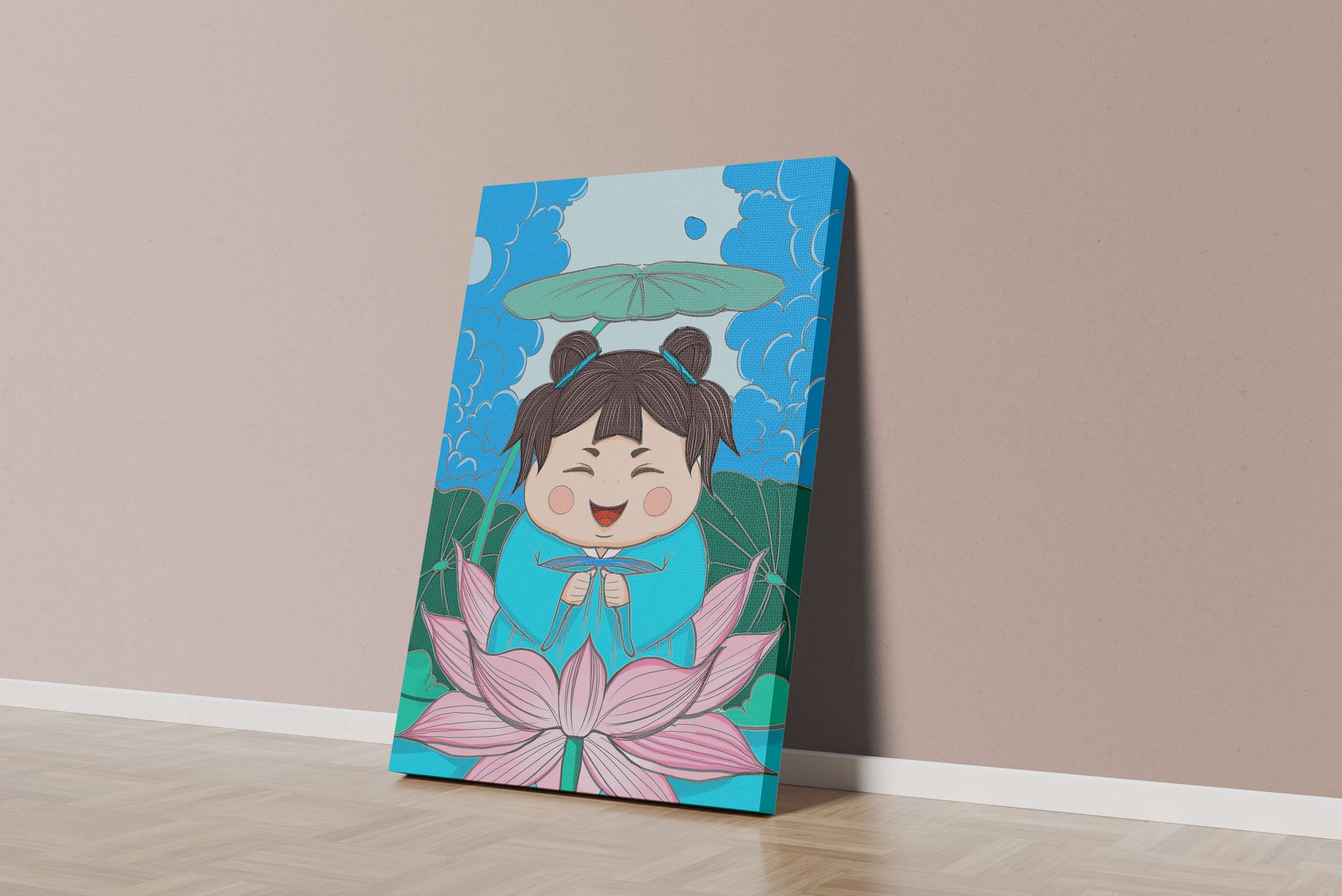 Whimsical illustration of a joyful child with lotus and umbrella