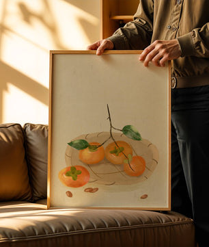 Still Life with Persimmons and Branch on a Neutral Background