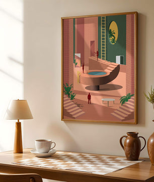 Modernes architektonisches Interieur mit geometrischem Design und Grün