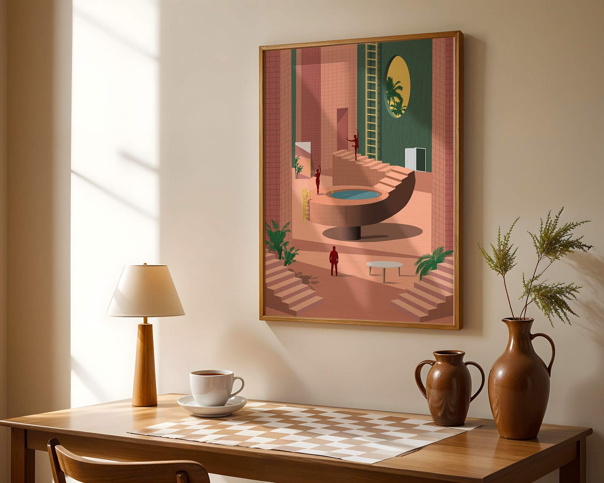 Modern architectural interior with geometric design and greenery