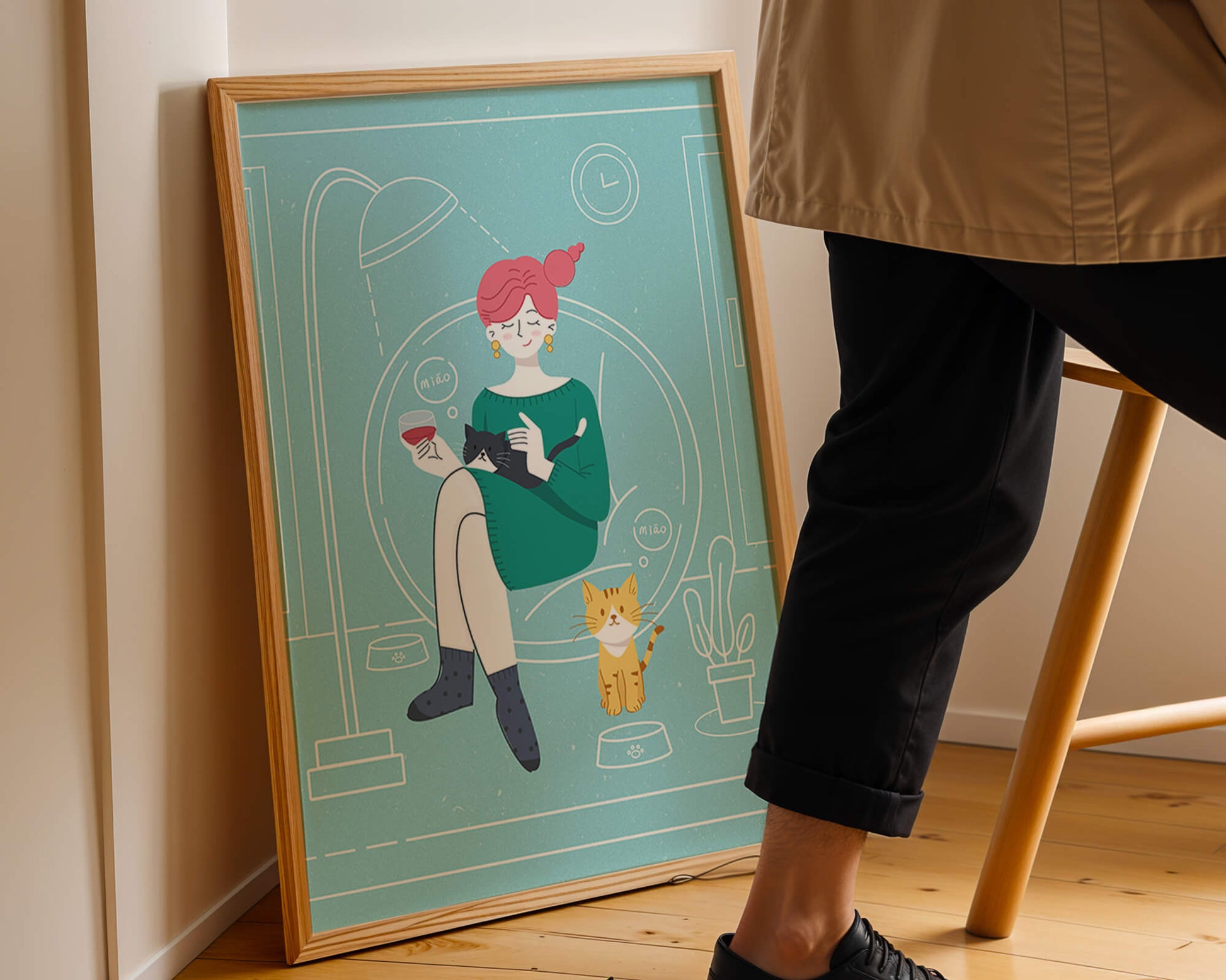 Acogedora velada con gatos en una sala de estar escandinava