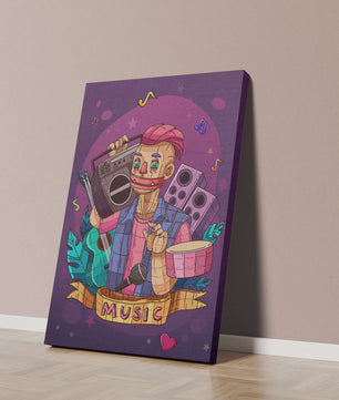Illustration colorée sur le thème de la musique avec un personnage et des instruments