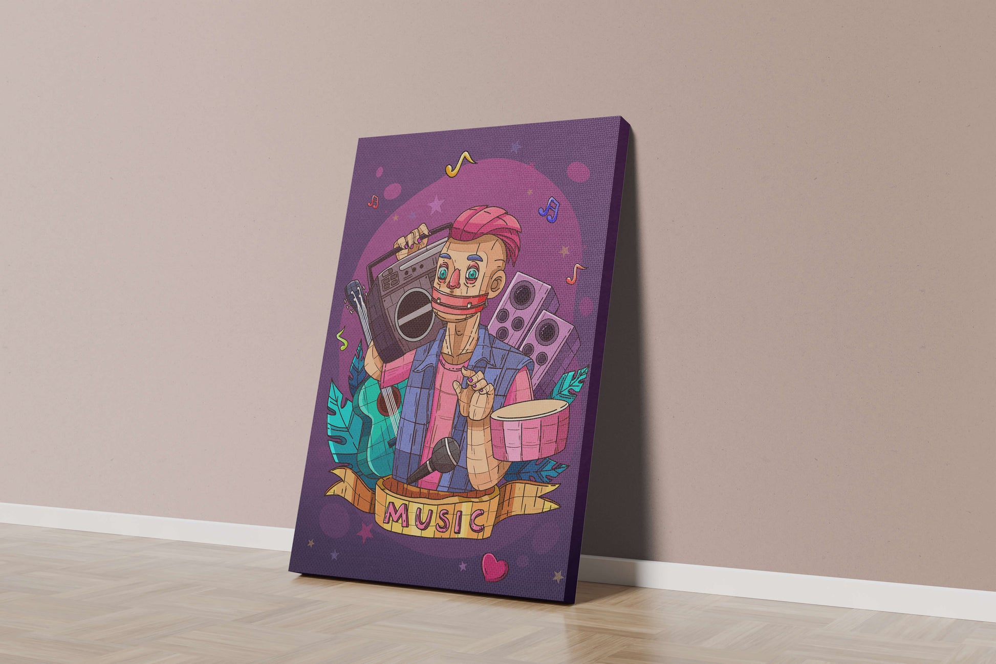 Illustration colorée sur le thème de la musique avec un personnage et des instruments