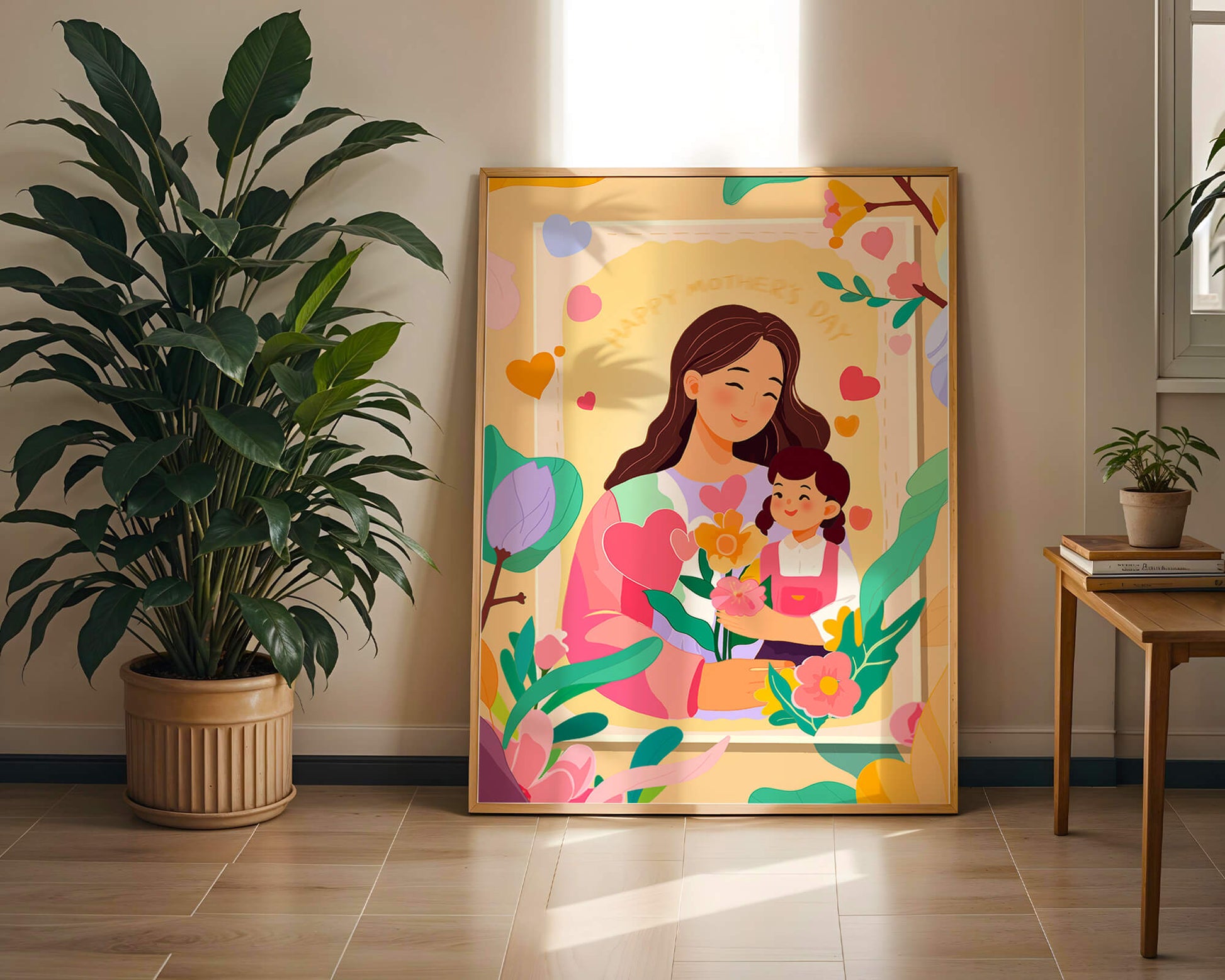 Illustration of mother and daughter with flowers for Mother's Day