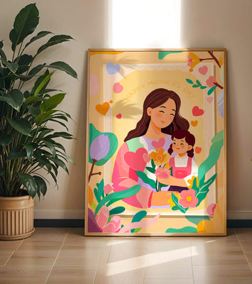 Illustration of mother and daughter with flowers for Mother's Day