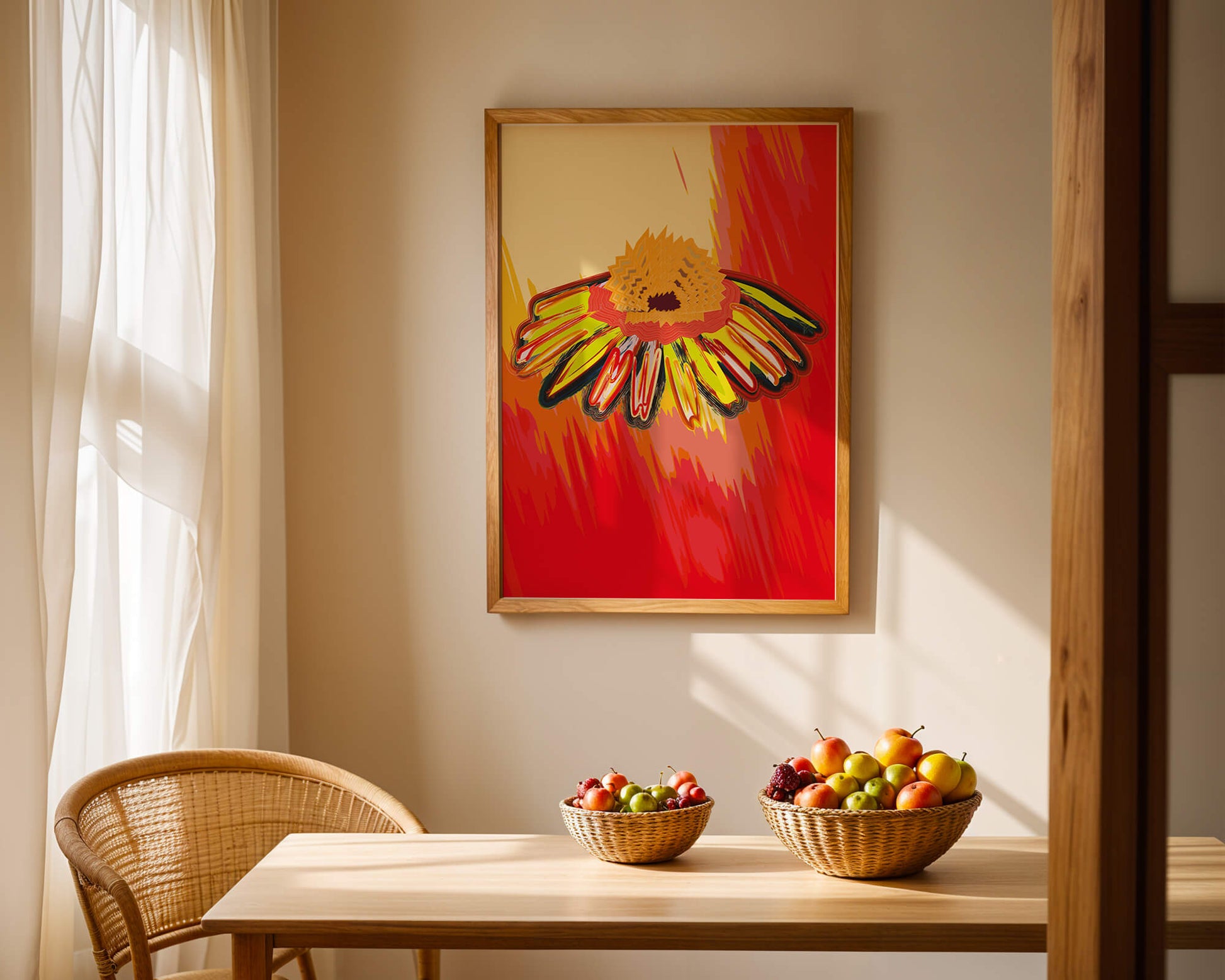 Abstract vibrant flower illustration with bold colors and dynamic strokes