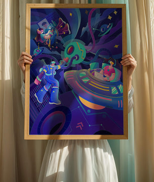 Futuristic Space Adventure Illustration with Robots and Technology